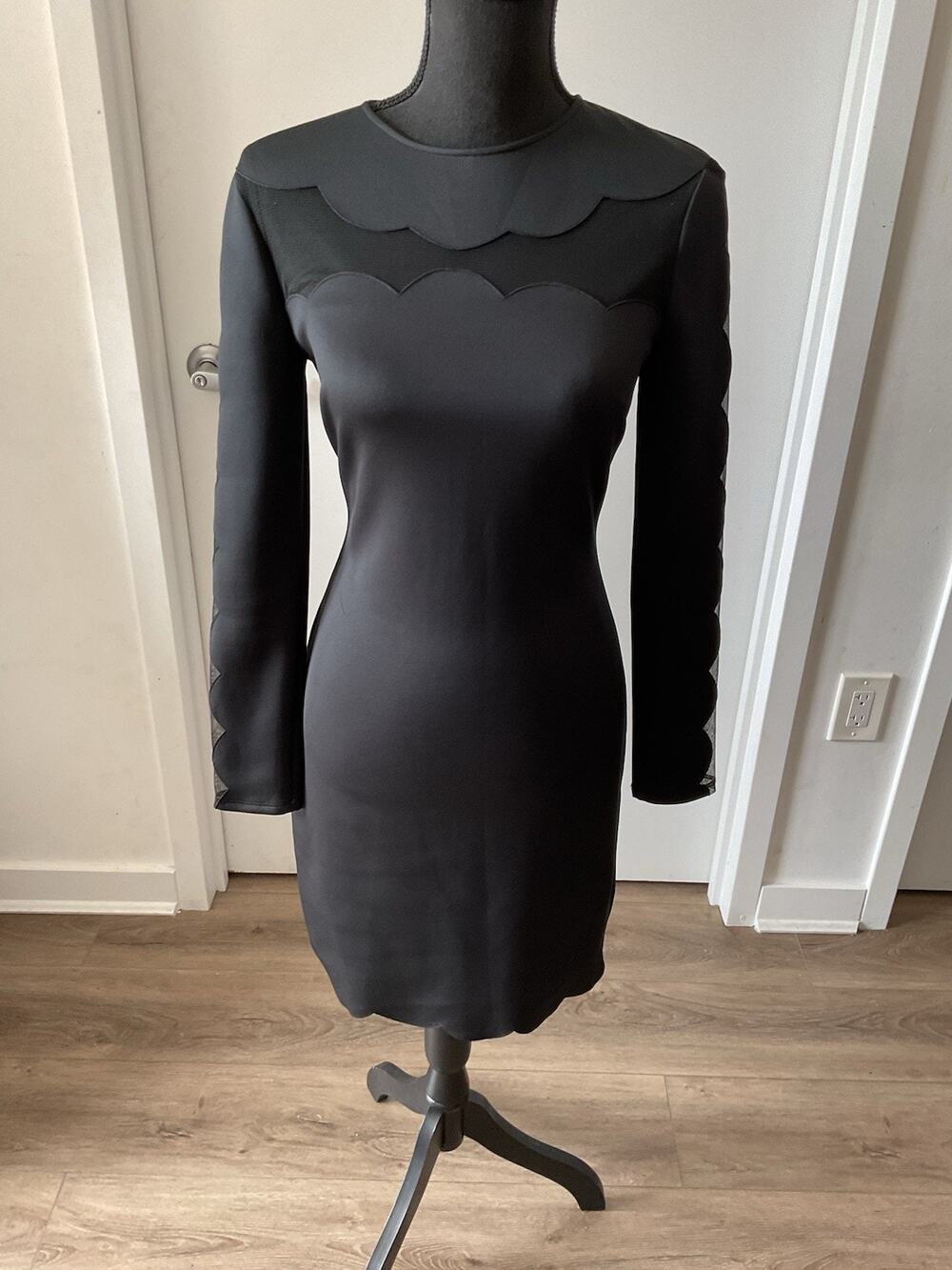 Ted Baker Serenity Joyous Black Scalloped Mesh Bodycon Dress LBD Long Sleeve